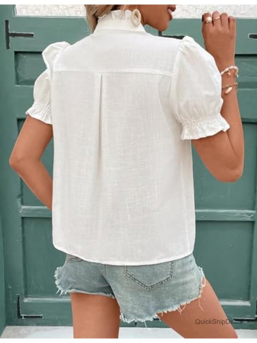 Women's Embroidered V Neck Puff Short Sleeve Button Down Blouse - Picture 5 of 6